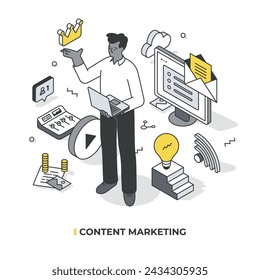 Content marketing. Man with a laptop is surrounded by digital content objects. Crown symbol hovers above his hand, indicating that good content is essential in marketing. Isometric illustration