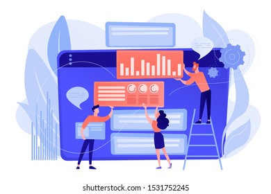 Content marketing manager, specialist, analyst work on websites for audience. Content marketing, working content, SEO optimization tool concept. Pinkish coral bluevector isolated illustration