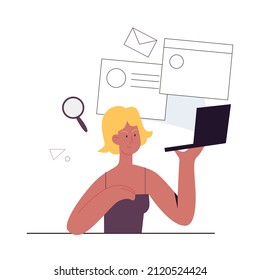 Content marketing manager working on email campaigns. Organizing and setting online promoting cartoon vector illustration