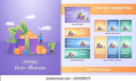 Content marketing material set. Collect shopping point, Swap points for vouchers. Reward program for loyal customers. Including Landing page, Social media post and story, banner. Vector illustration