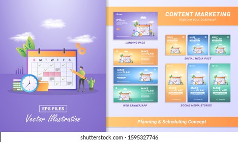 Content marketing material set. Create a schedule with the website or mobile app.Manage work time and schedule. Including Landing page, Social media post and story, Web banner. Vector illustration