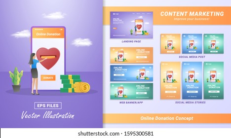 Content marketing material set. Online donation. Donate through the mobile app, provide financial assistance. Including Landing page, Social media post and story, Web banner. Vector illustration