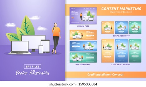 Content marketing material set. Pay credit installments through a mobile app, an online credit process. Including Landing page, Social media post and story, Web banner. Vector illustration