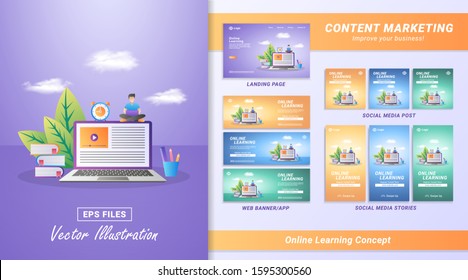 Content marketing material set. Register for courses and study online. Digital education, online learning. Including Landing page, Social media post and story, Web banner. Vector illustration