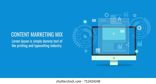 Content Marketing Mix, Digital Content, Marketing, Strategy, Internet Flat Vector Concept With Icons Isolated On Blue Background