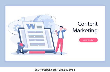 Content marketing poster. Man with loudspeaker near tablet. Talented author and content creator. Promotion on social networks and Internet. Landing webpage design. Flat vector illustration