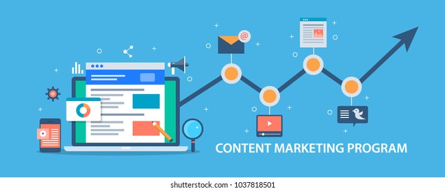 Content marketing program, web traffic analysis, growing audience, marketing strategy flat vector illustration with icons