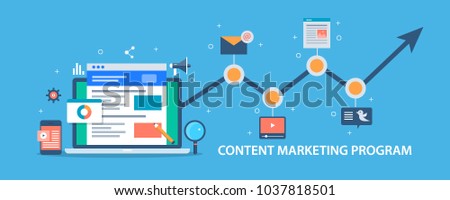 Content marketing program, web traffic analysis, growing audience, marketing strategy flat vector illustration with icons