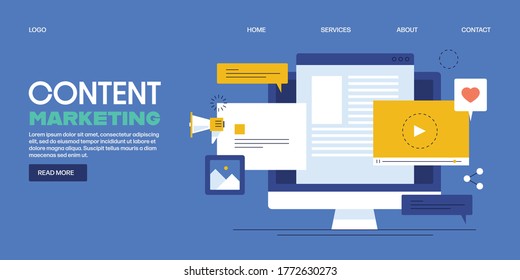 Content marketing, Content publishing, Sharing content social media - conceptual vector illustration with icons on blue background