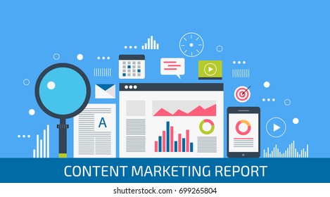 Content marketing report, content research, B2B content flat vector banner illustration isolated on blue background