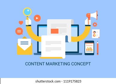 Content marketing, Searching on web, advertising on internet - flat style vector illustration on blue background