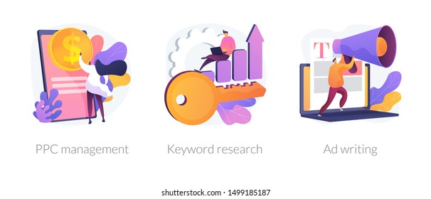 Content marketing and SEO copywriting flat icons set. Internet advertising and blogging. PPC management, Keyword research, Ad writing metaphors. Vector isolated concept metaphor illustrations