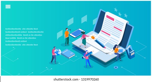 Content Marketing. SEO infographic, Blogging and SMM, creative commercial 
 blog post, Blogger character, vector illustration, Concept for web page, banner, presentation, social media, documents, card