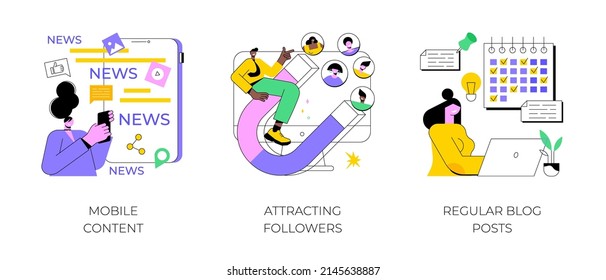 Content marketing service abstract concept vector illustration set. Mobile content, attracting followers, regular blog posts, live stream, follow social media, online notification abstract metaphor.