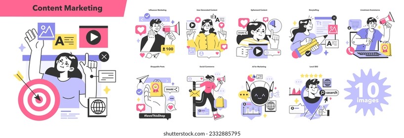 Content marketing set. Brand or product advertising with entertaining and engaging content. Character developing and following a content plan in social media or website. Flat vector illustration