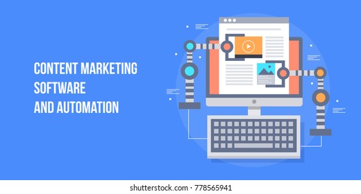 Content marketing software, Content marketing automation, Digital marketing tool, Social media management tool flat vector banner with icons