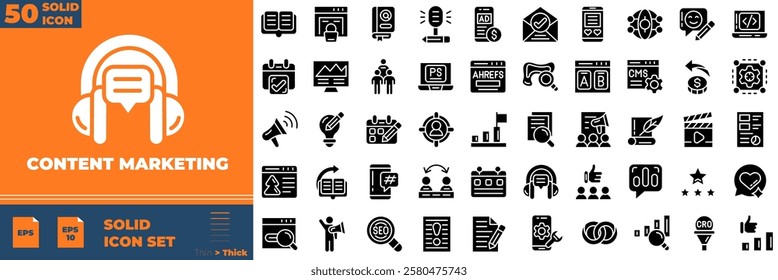 Content Marketing Solid Editable Icons set. Vector illustration in modern thin solid style of content marketing icons: market, media, website, etc