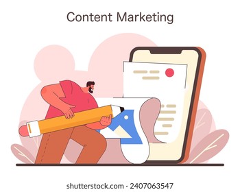 Content Marketing strategy concept. A man engaging with a mobile interface, symbolizing direct digital marketing. Crafting engaging online presence. Flat vector illustration