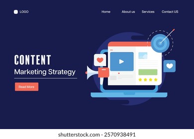 Content marketing strategy, Creating content for right audience, Content promotion for social media campaign - vector illustration landing page with icons and texts