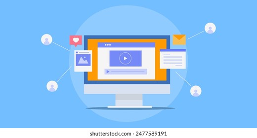 Desarrollo de estrategias de marketing de contenidos, Contenido que atrae a más audiencia, Participación en contenido de redes sociales, audiencia con me gusta, comentarios y compartidos - Ilustración vectorial con íconos