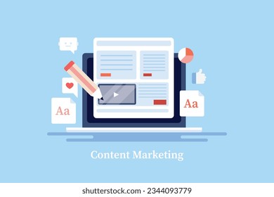 Content marketing strategy. Content development, Content management, Website advertising, Social media marketing. Vector illustration with icons