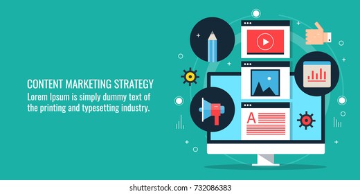 Content marketing strategy, Digital marketing flat vector banner with icons