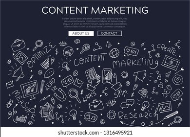 Content marketing strategy. Doodle outline vector abstract illustration for landing page website and banner, presentation, graphic design