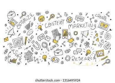 Content marketing strategy. Doodle outline vector abstract illustration for landing page website and banner, presentation, graphic design