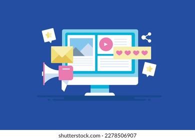 Content marketing strategy, Email marketing, Social media ads, Video content promotion - flat design vector banner illustration with icons