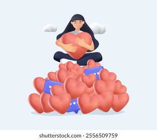 Content marketing strategy. Girl sitting on likes. Content idea, publish plan, social media growth. Visual stories collection. Business concept illustration