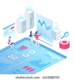 Content marketing strategy isometric vector illustration. Online advertising services. Internet platform to promote company. Data analysis and info chart. SMM cartoon conceptual design element