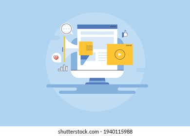 Marketing de contenido, estrategia de contenido, marketing SEO - ilustración de línea vectorial de diseño plana con iconos