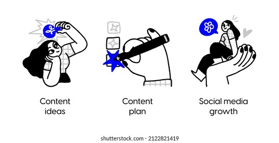 Content marketing strategy- set of business concept illustrations. Content idea, publish plan, social media growth. Visual stories collection