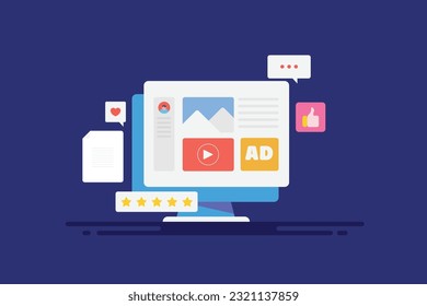 Content marketing strategy. Social media marketing, Content promotion on blog network. Blog writing. Sharing story on social media - vector illustration with icons