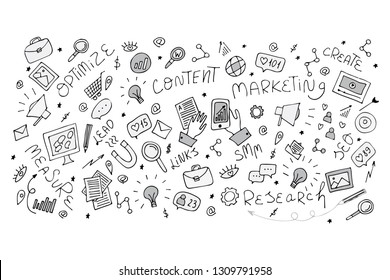 Content marketing strategy. Vector illustration EPS 10 in hand drawing doodle style. For SEO, SMM and b2b banner or landing page