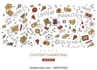 Content marketing strategy. Vector illustration EPS 10 in hand drawing doodle style. For SEO, SMM and b2b banner or landing page