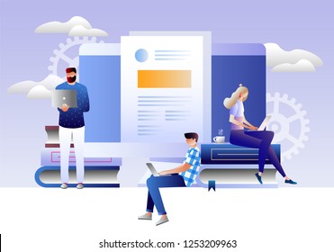 Content marketing strategy web banner. Marketing and sharing of digital content. Creative copywriting, blogging, journalism, social media creators. Characters design. Vector illustration 