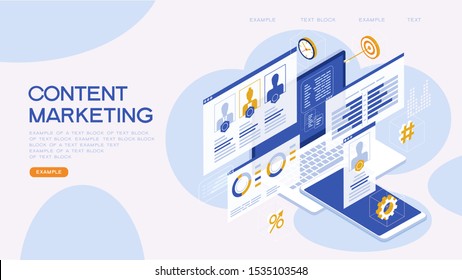 Content marketing strategy web banner. Marketing and sharing of digital content. Technology process of Software development