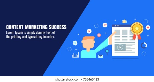 Content marketing success, Digital marketing, SEO and Social media flat vector banner with icons