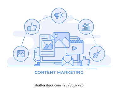 Infografía de la imagen plana del vector de línea delgada de marketing de contenido para página de inicio, banner web, aplicación móvil, interfaz de usuario de diseño web, interfaz de usuario, UX