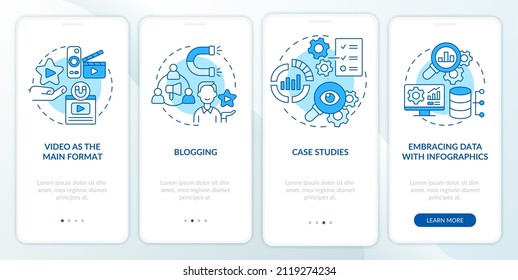 Content marketing trends blue onboarding mobile app screen. Creative walkthrough 4 steps graphic instructions pages with linear concepts. UI, UX, GUI template. Myriad Pro-Bold, Regular fonts used svg