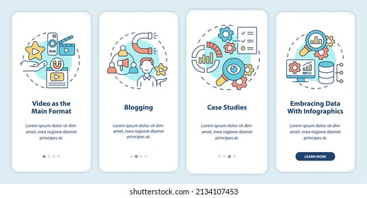 Content Marketing Trends Onboarding Mobile App Screen. Channels Walkthrough 4 Steps Graphic Instructions Pages With Linear Concepts. UI, UX, GUI Template. Myriad Pro-Bold, Regular Fonts Used