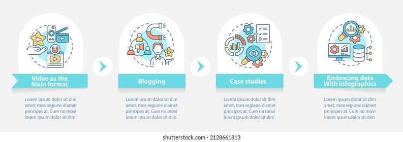 Content Marketing Trends Round Infographic Template. Data Visualization With 4 Steps. Process Timeline Info Chart. Workflow Layout With Line Icons. Myriad Pro-Bold, Regular Fonts Used