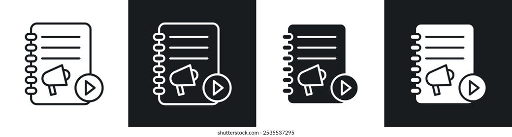 Content marketing vector icon set in black and white. EPS 10 illustration