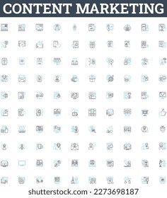 Content marketing vector line icons set. Content, Marketing, Strategy, Blogging, SEO, Social, Advertising illustration outline concept symbols and signs