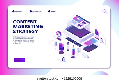 Content Marketing. Video Blog Content Strategy, Digital Market Promotion. Website Publishing Isometric Vector Landing Page