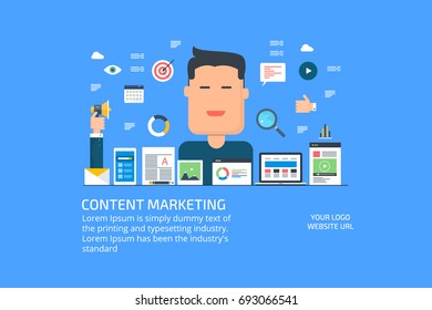 Content marketing, web content advertising, digital content, promotion, hand with megaphone flat design vector illustration with marketing icons