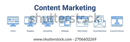 Content Marketing web banner icon vector illustration concept featuring Article, Blogging, Storytelling, Webpage, Web Coding, Email Marketing and Customer Review in a collection set.