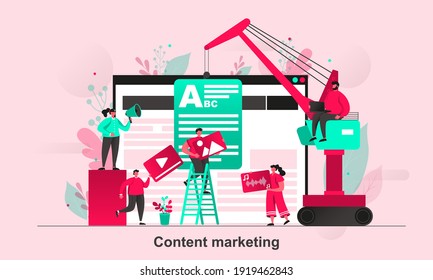 Content marketing web concept in flat style. Content managers work with media information scene visualization. Copywriting and rewriting. Vector illustration with tiny people characters in situation.