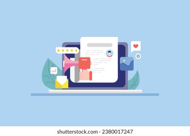 Marketing de contenido, publicidad en sitios web, estrategia de contenido digital, anuncios en medios sociales, Compartir contenido en redes sociales - diseño plano ilustración vectorial creativa con iconos